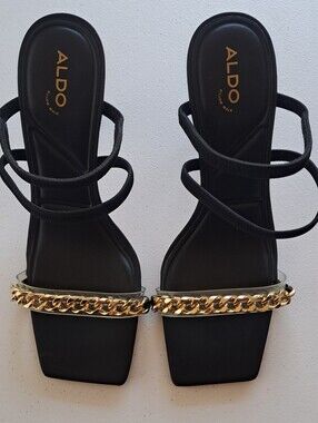 Aldo Black Strappy Heels with Gold Chain Trim